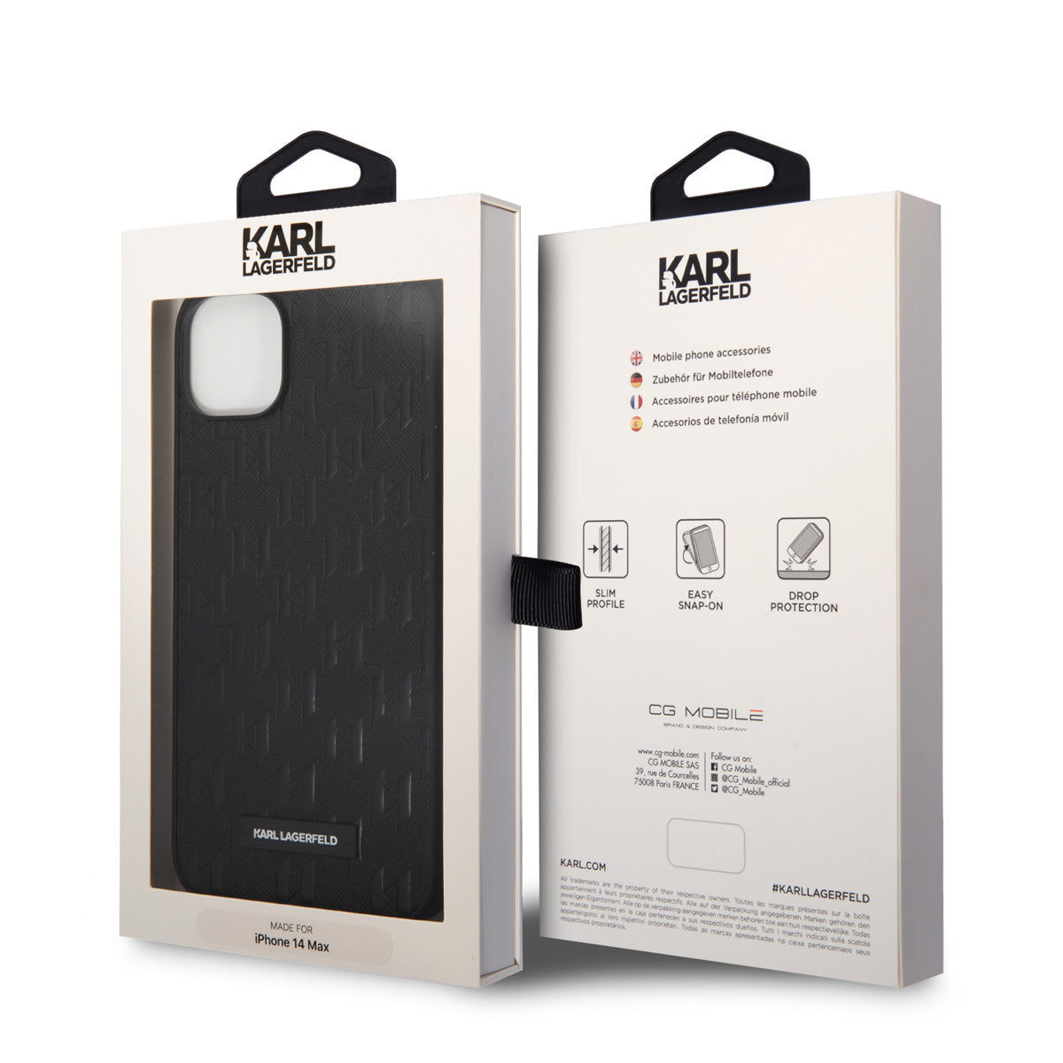 Karl Lagerfeld iPhone 14 & 15 Plus Hardcase Backcover - Saffiano Leather - Metal Logo - Black