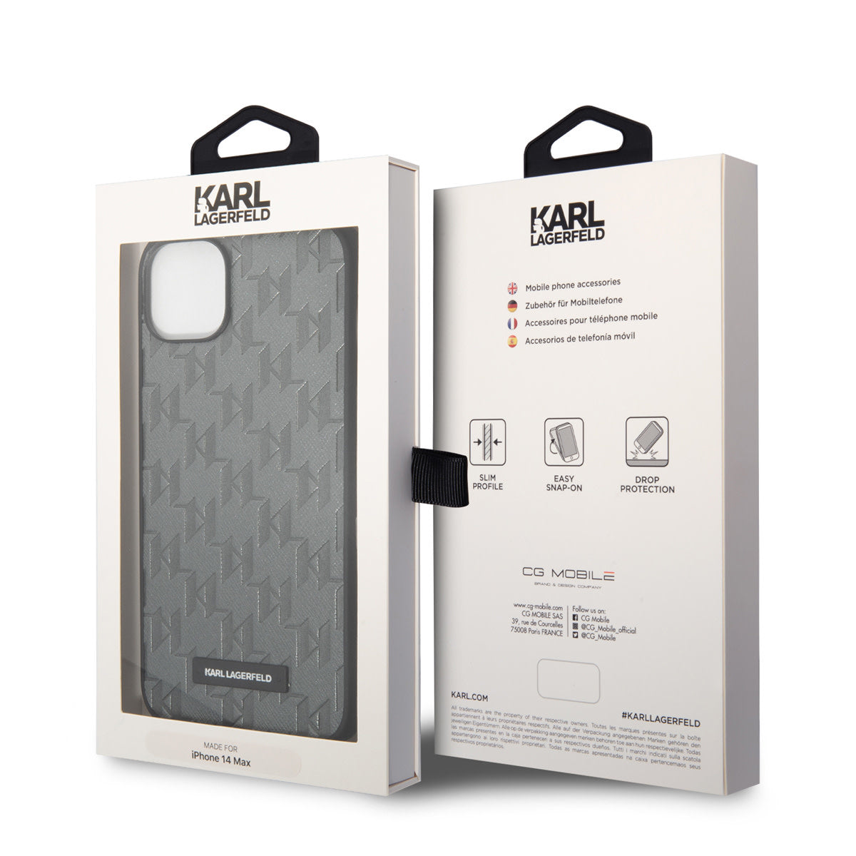 Karl Lagerfeld iPhone 14 & 15 Plus Hardcase Backcover - Saffiano Leather - Metal Logo - Grey