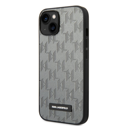Karl Lagerfeld iPhone 14 & 13 Hardcase Backcover - Saffiano Leather - Metal Logo - Grey