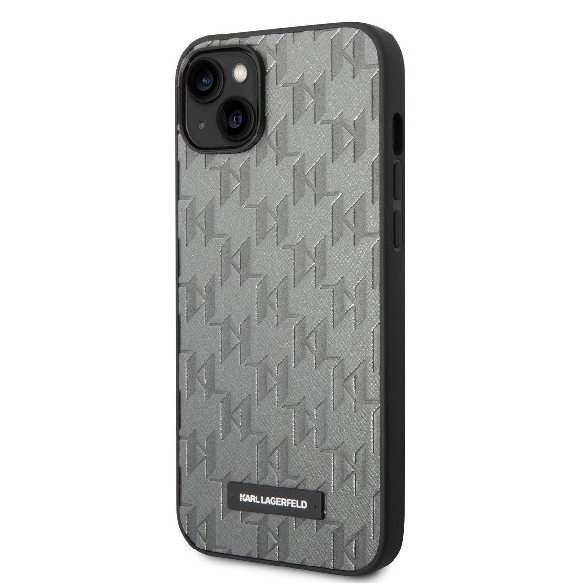Karl Lagerfeld iPhone 14 & 15 Plus Hardcase Backcover - Saffiano Leather - Metal Logo - Grey