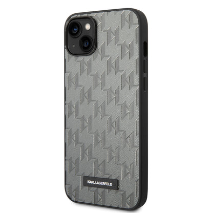Karl Lagerfeld iPhone 14 & 15 Plus Hardcase Backcover - Saffiano Leather - Metal Logo - Grey