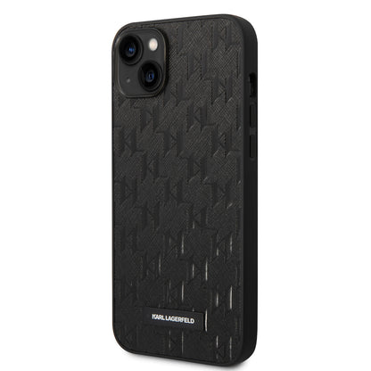 Karl Lagerfeld iPhone 14 & 15 Plus Hardcase Backcover - Saffiano Leather - Metal Logo - Black
