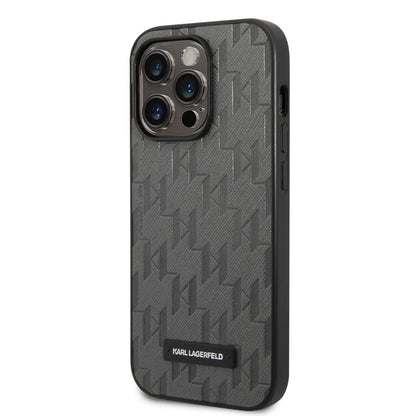 Karl Lagerfeld iPhone 14 Pro Hardcase Backcover - Saffiano Leather - Metal Logo - Grey