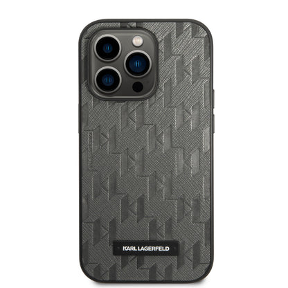 Karl Lagerfeld iPhone 14 Pro Hardcase Backcover - Saffiano Leather - Metal Logo - Grey