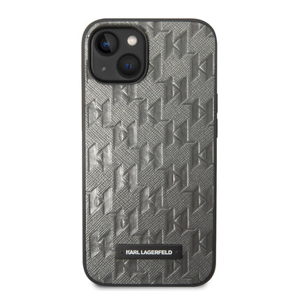 Karl Lagerfeld iPhone 14 & 13 Hardcase Backcover - Saffiano Leather - Metal Logo - Grey