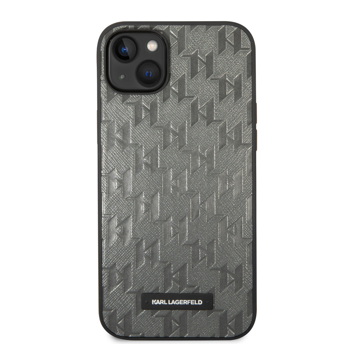 Karl Lagerfeld iPhone 14 & 15 Plus Hardcase Backcover - Saffiano Leather - Metal Logo - Grey