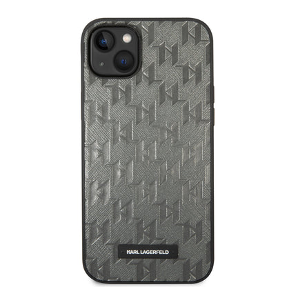 Karl Lagerfeld iPhone 14 & 15 Plus Hardcase Backcover - Saffiano Leather - Metal Logo - Grey