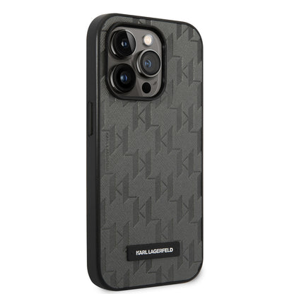 Karl Lagerfeld iPhone 14 Pro Hardcase Backcover - Saffiano Leather - Metal Logo - Grey