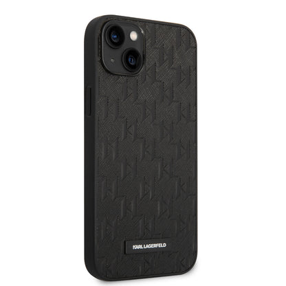 Karl Lagerfeld iPhone 14 & 15 Plus Hardcase Backcover - Saffiano Leather - Metal Logo - Black