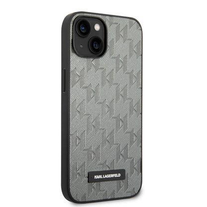 Karl Lagerfeld iPhone 14 & 13 Hardcase Backcover - Saffiano Leather - Metal Logo - Grey