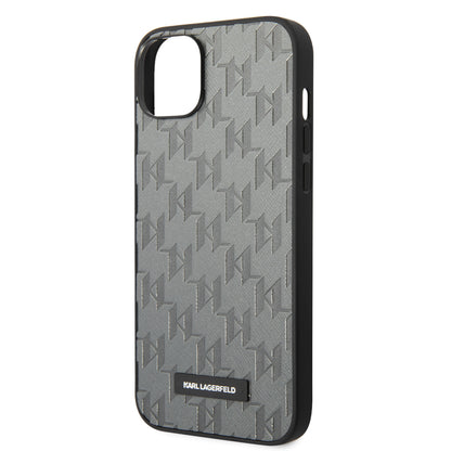 Karl Lagerfeld iPhone 14 & 15 Plus Hardcase Backcover - Saffiano Leather - Metal Logo - Grey