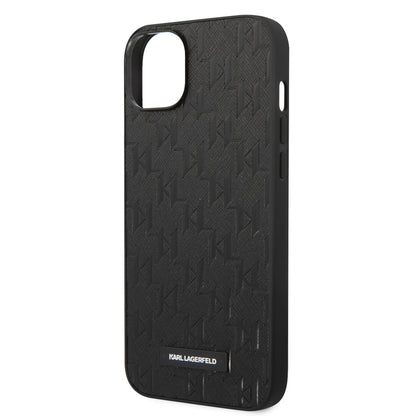 Karl Lagerfeld iPhone 14 & 15 Plus Hardcase Backcover - Saffiano Leather - Metal Logo - Black