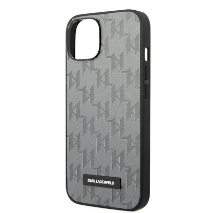 Karl Lagerfeld iPhone 14 & 13 Hardcase Backcover - Saffiano Leather - Metal Logo - Grey