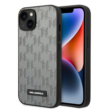 Karl Lagerfeld iPhone 14 & 13 Hardcase Backcover - Saffiano Leather - Metal Logo - Grey